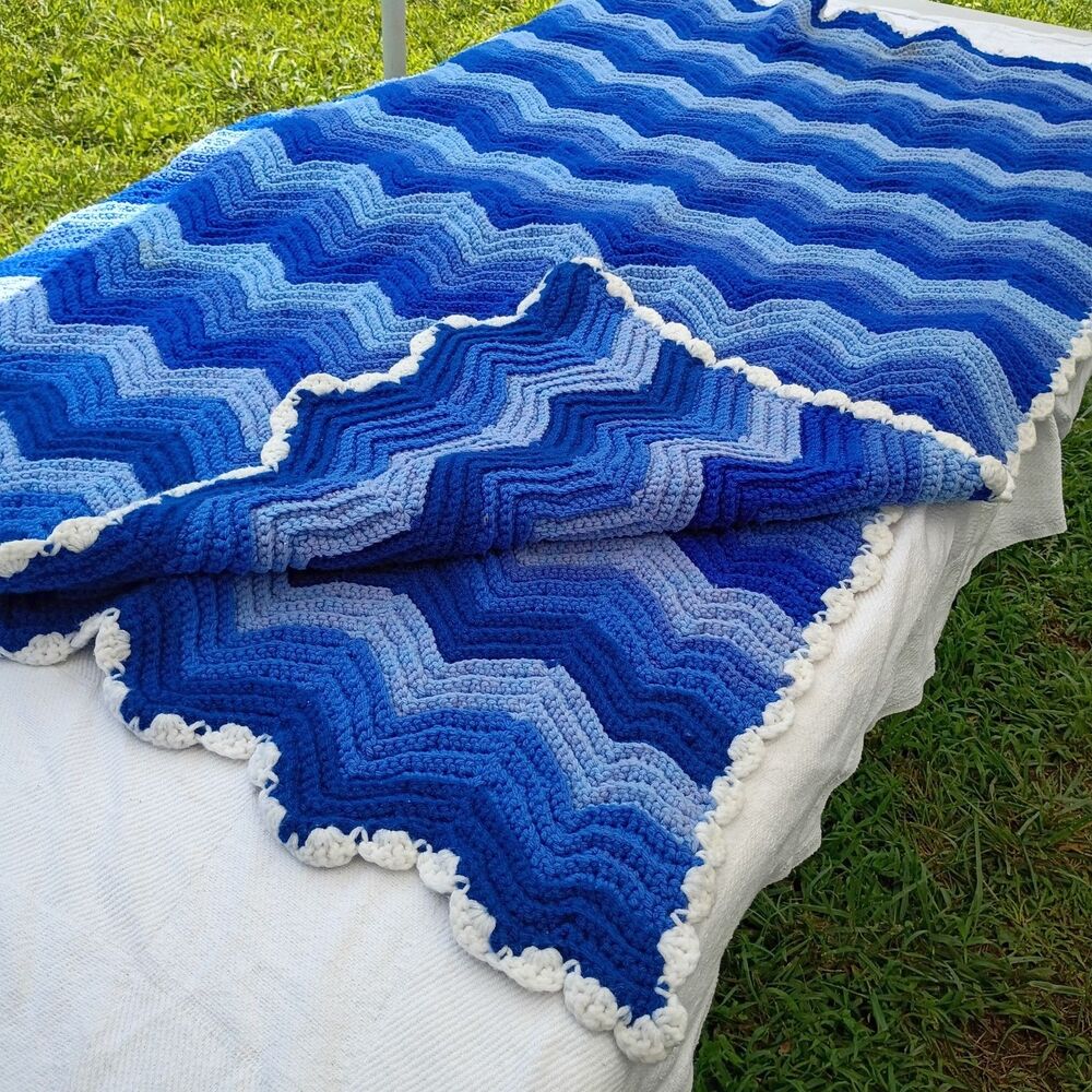 Hand Crocheted Chevron Blanket Blue White  64x53 Crib Throw Nursery Gift Ripples
